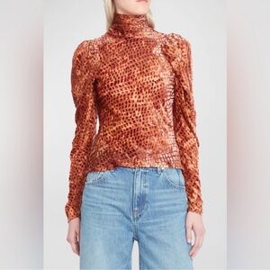 ULLA JOHNSON ALTHEA DEVORÉ TURTLENECK TOP IN SIENNA, SIZE 8.